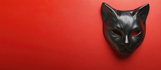 Black leather cat mask on red background with space for text Ideal for themes of love romance and positive feelings in marketing materials