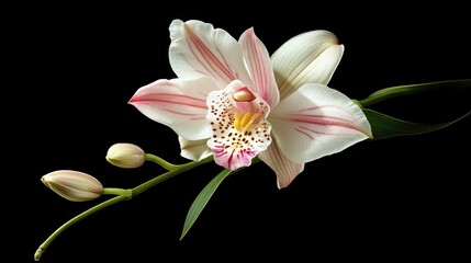 Fototapeta premium Elegant white and pink orchid flower in full bloom with yellow accents and green buds against a black background showcasing its beauty
