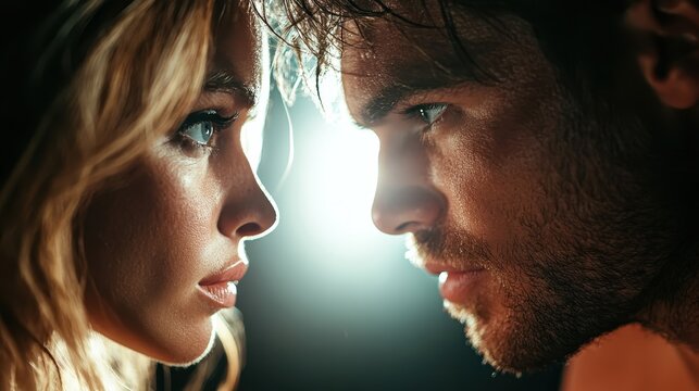 A captivating image of a man and woman gazing into each other’s eyes with intense lighting highlighting their features, capturing a moment of raw emotion.
