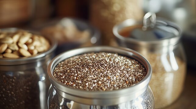 Chia seeds, a nutritional powerhouse, are conveniently stored in a container for easy access and preservation. These tiny seeds pack a punch with essential nutrients like fiber, protein,