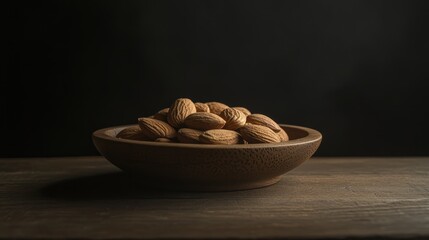 Almonds displayed in a rustic wooden bowl against a dark background highlighting their natural texture and elegance.