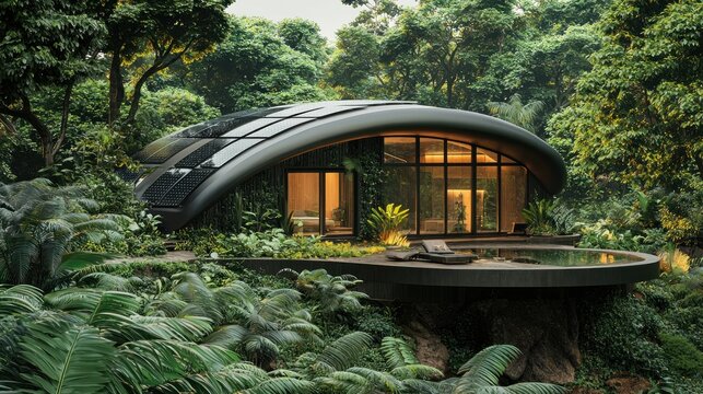 A solar-powered eco-home surrounded by natural landscape, emphasizing sustainability within an ecosphere