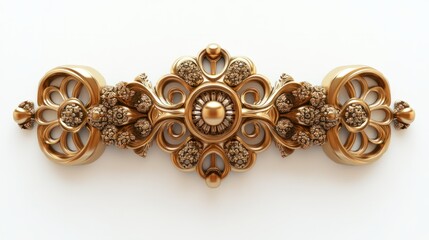 Golden geometric decorative element with intricate details and a glossy finish, floating on a white background