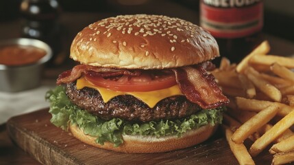 Juicy Cheeseburger with Bacon and Crispy Fries