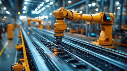 Fototapeta premium futuristic factory floor with advanced robotic arms assembling components