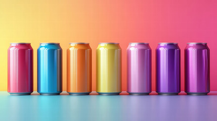Colorful cans in row against vibrant gradient background, creating cheerful display