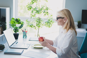 Photo of successful manager business analytic blonde lady wearing formal white shirt and eyeglasses...
