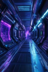 Fototapeta premium Neon-lit futuristic corridor, metallic walls, glowing panels.