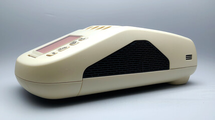 Cream-colored electronic device with screen and speaker.