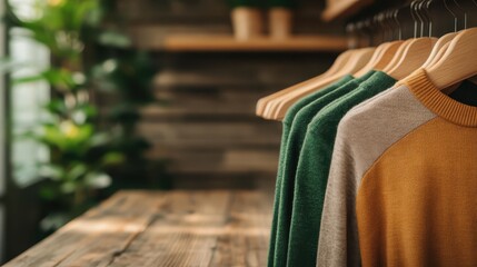 A collection of colorful sweaters displayed on hangers in a warm and inviting wooden interior, creating a cozy and stylish atmosphere perfect for any setting.