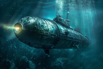 Fototapeta premium Beautiful large bathyscaphe floating in middle of ocean during exploration