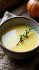 A bowl of warm, creamy soup with a sprig of fresh thyme on top.
