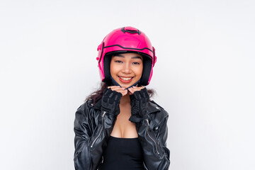 Smiling Young Woman Wearing a Pink Helmet and Motorcycle Jacket