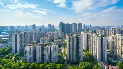 Obraz premium Aerial view of a cityscape with tall skyscrapers, highlighting the elevation of urban buildings.