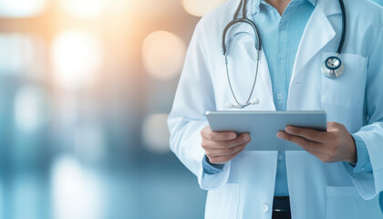 healthcare professional in white coat holds tablet, showcasing modern medical technology. background is softly blurred, emphasizing professional focus and dedication