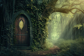 Fantastically door in wild forest leading to deep unknown