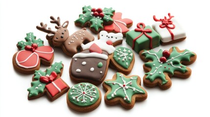 A beautifully decorated set of Christmas cookies featuring reindeer, holly leaves, and presents, adorned with vibrant icing, isolated on white