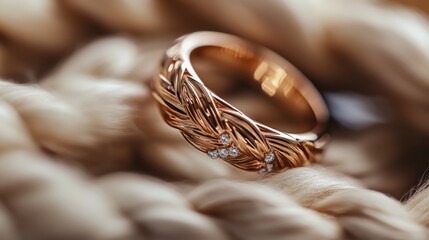 Elegant gold wedding ring with intricate design and diamonds on blurred background of soft textures