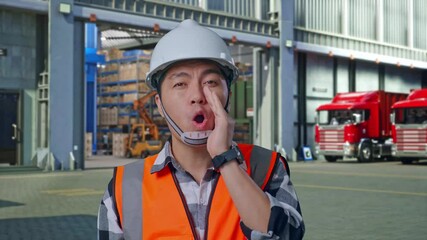 Close Up Of Asian Male Engineer With Safety Helmet Yelling With Hand Over Mouth While Standing ,...