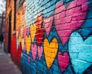 Obraz premium Vivid street scene with a brick wall decorated with large, colorful hearts in graffiti style, designed using generative AI for an edgy, urban aesthetic