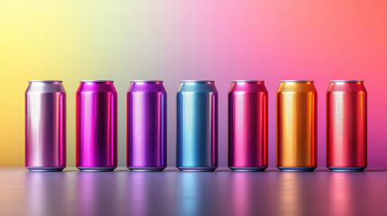 Fototapeta premium Colorful metallic cans arranged in row on reflective surface with gradient background