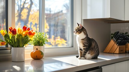 A spacious modern kitchen featuring a cat sitting on the counter near fresh flowers 