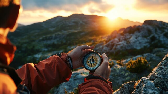 An explorer using a compass to navigate a rocky mountain landscape at sunset