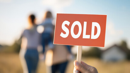 Sold sign in foreground with happy family in background, celebrating their new home. scene captures joy and accomplishment in real estate
