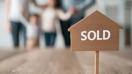 sold sign in foreground with happy family celebrating in background, capturing joy of homeownership and new beginnings
