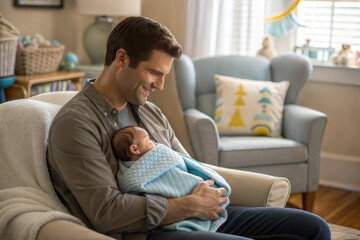 Man on paternity leave taking care of a newborn baby.