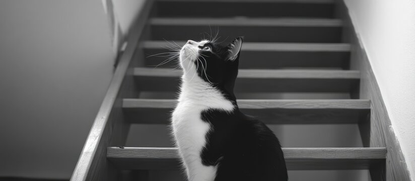 Curious black and white cat perched on wooden stairs gazing upwards in a moment of charm and intrigue in monochrome setting