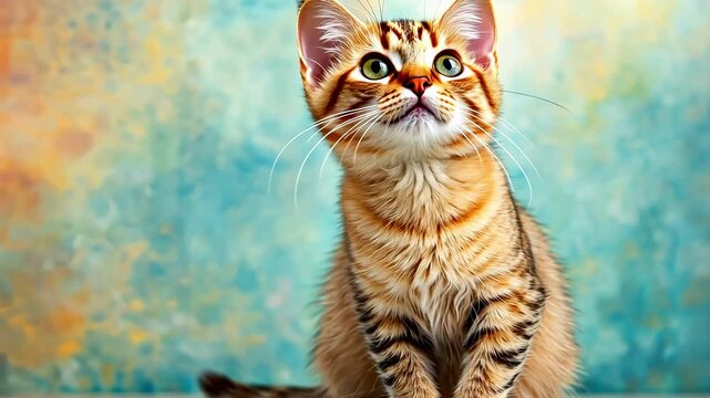 The lifestyle portrait captures the cute exotic shorthair cat playfully arching its back against a vibrant colored wall