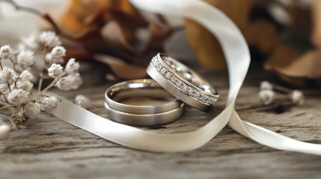 Naklejki Elegant wedding rings adorned with delicate ribbon and floral accents on rustic wooden background