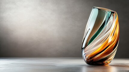 A contemporary glass vase with a unique swirling multicolored design sits elegantly on a surface, showcasing artful craftsmanship and modern artistic sensibility.