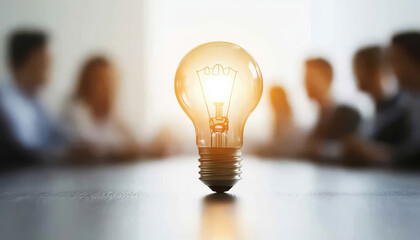 Abstract business meeting concept with glowing lightbulb symbolizing ideas and innovation, surrounded by blurred figures in conference setting