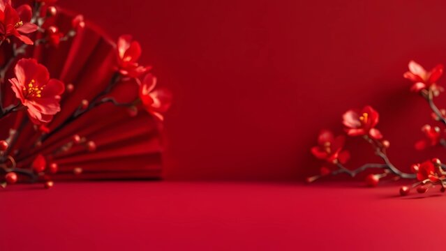 Red fan and flowers with copy space on center, red background, chinese new year concept  - Powered by Adobe