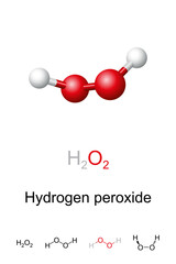 Hydrogen peroxide, H2O2, molecule model and chemical formula. Ball-and-stick model and geometric structure of peroxol, a pale blue liquid, used as an oxidizer, bleaching agent and antiseptic. Vector