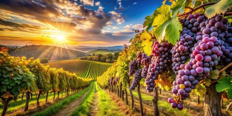 Golden autumn light bathes a panoramic vineyard, ripe grapes ready for harvest.