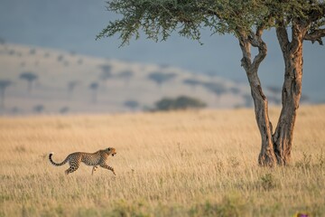 A striking image of a cheetah running at full speed across the open grasslands