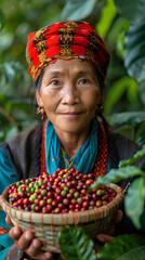 Woman from northern Thai ethnic groups harvest coffee