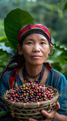 Woman from northern Thai ethnic groups harvest coffee