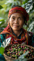 Woman from northern Thai ethnic groups harvest coffee