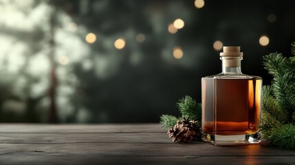 A square bottle filled with amber liquid sits on a rustic wooden table, surrounded by evergreen branches and soft bokeh lights in the background, creating a cozy ambiance.
