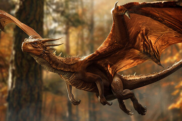 Fototapeta premium Fantastically mythological dragon with big wide wings