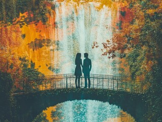 A couple standing on a bridge, their silhouettes merging with cascading waterfalls and vibrant greenery in double exposure style 