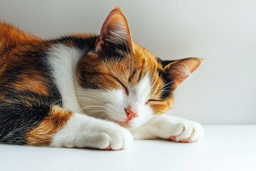 Calico cat sleeping peacefully on white surface