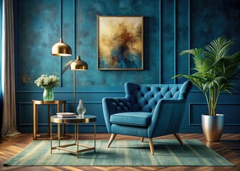 Reimagined vintage home: plush velvet seating, calming blue artwork, gilded accents create a luxurious space.