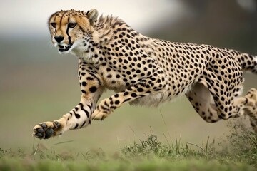 Naklejka premium A striking image of a cheetah running at full speed across the open grasslands