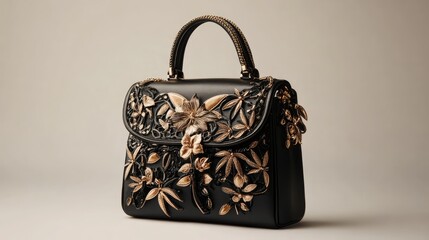 Elegant black handbag adorned with floral embellishments showcasing luxury craftsmanship and sophisticated style.