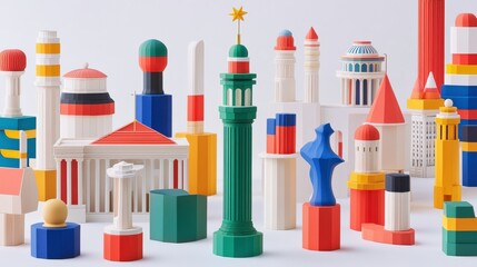 Fototapeta premium Colorful Geometric Shapes Representing Diverse Architectural Styles in a Playful Composition for Creative and Educational Purposes